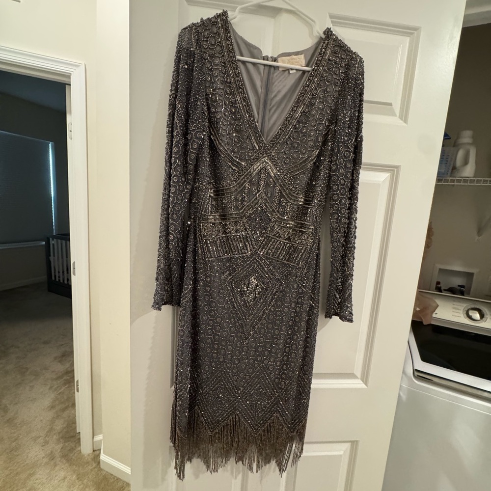 LARA Charcoal Beaded Long Sleeve Dress